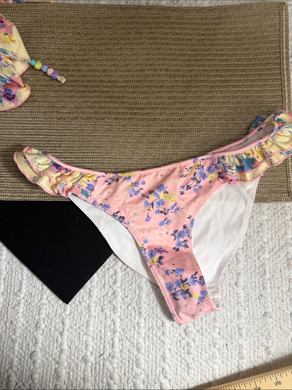 LoveShackFancy XS Pink Floral Ruffle Bikini Set Beaded Tie Front Coquette - Picture 8 of 11